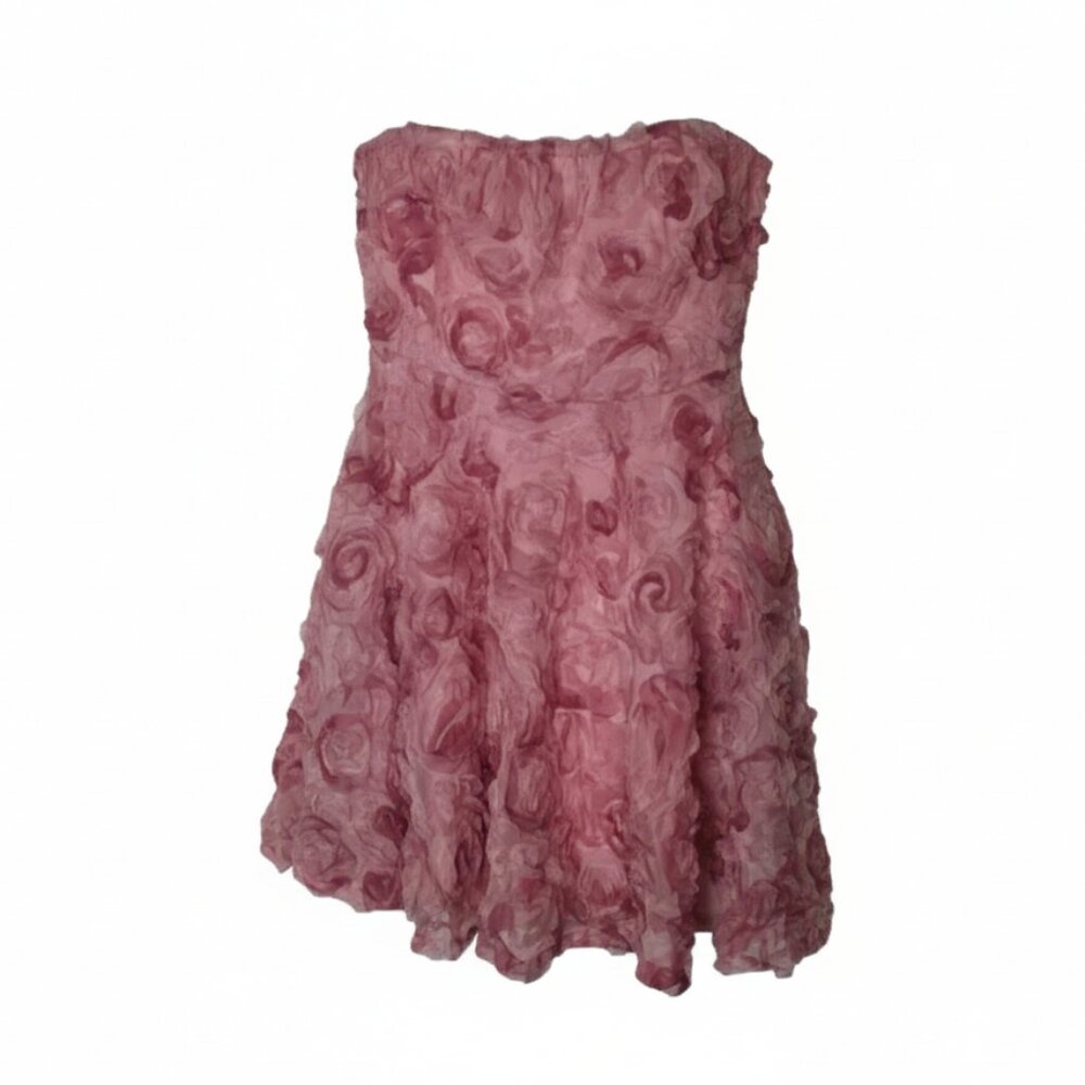Pink Rosette Strapless Mini Dress L 3D Floral Fit Flare Coquette Party Fairycore